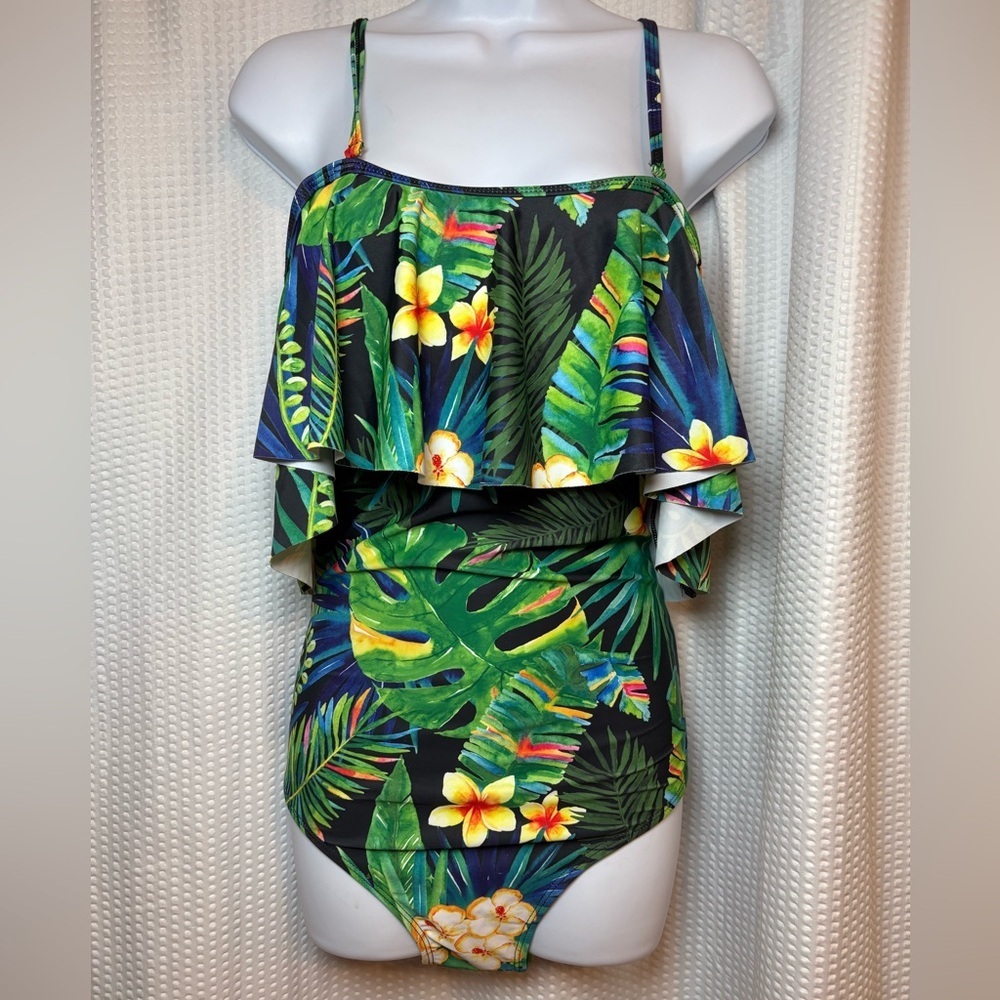 Tempt Me women’s one-piece swimsuit vibrant tropical floral palm leaf size L NWT
